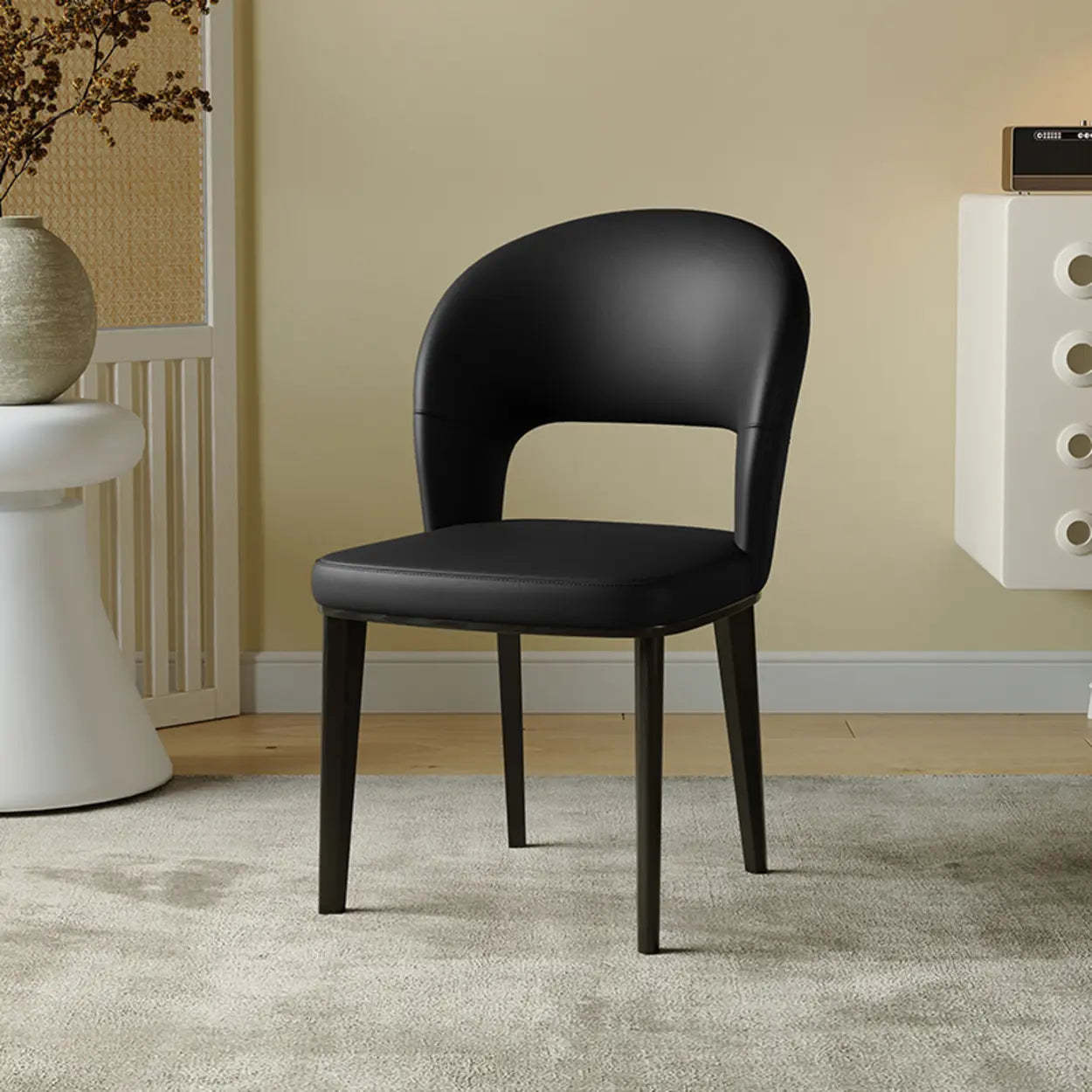 Beige Curved Open Low-Back Faux Leather Dining Chair