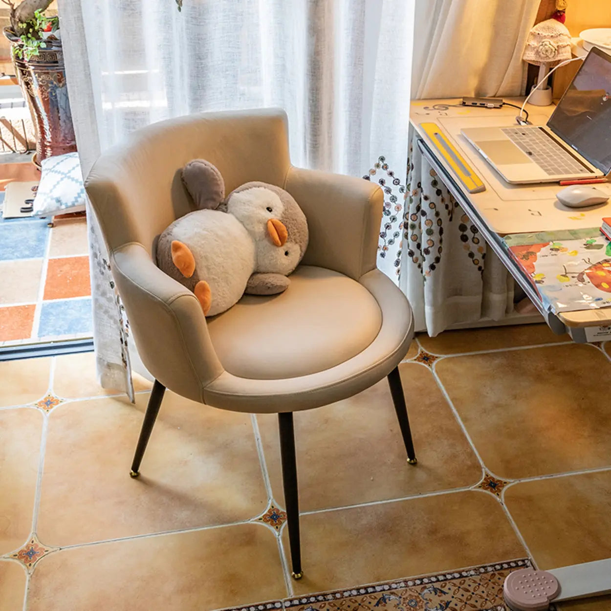 Beige Fixed-Back Wood Arm Chair with Pillow
