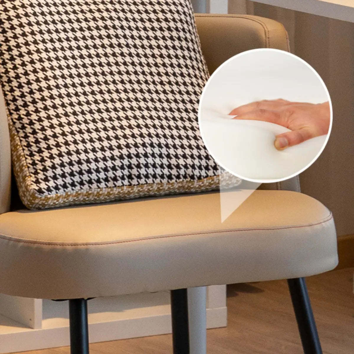 Beige Fixed-Back Wood Arm Chair with Pillow