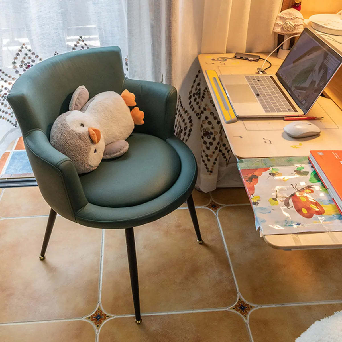 Beige Fixed-Back Wood Arm Chair with Pillow