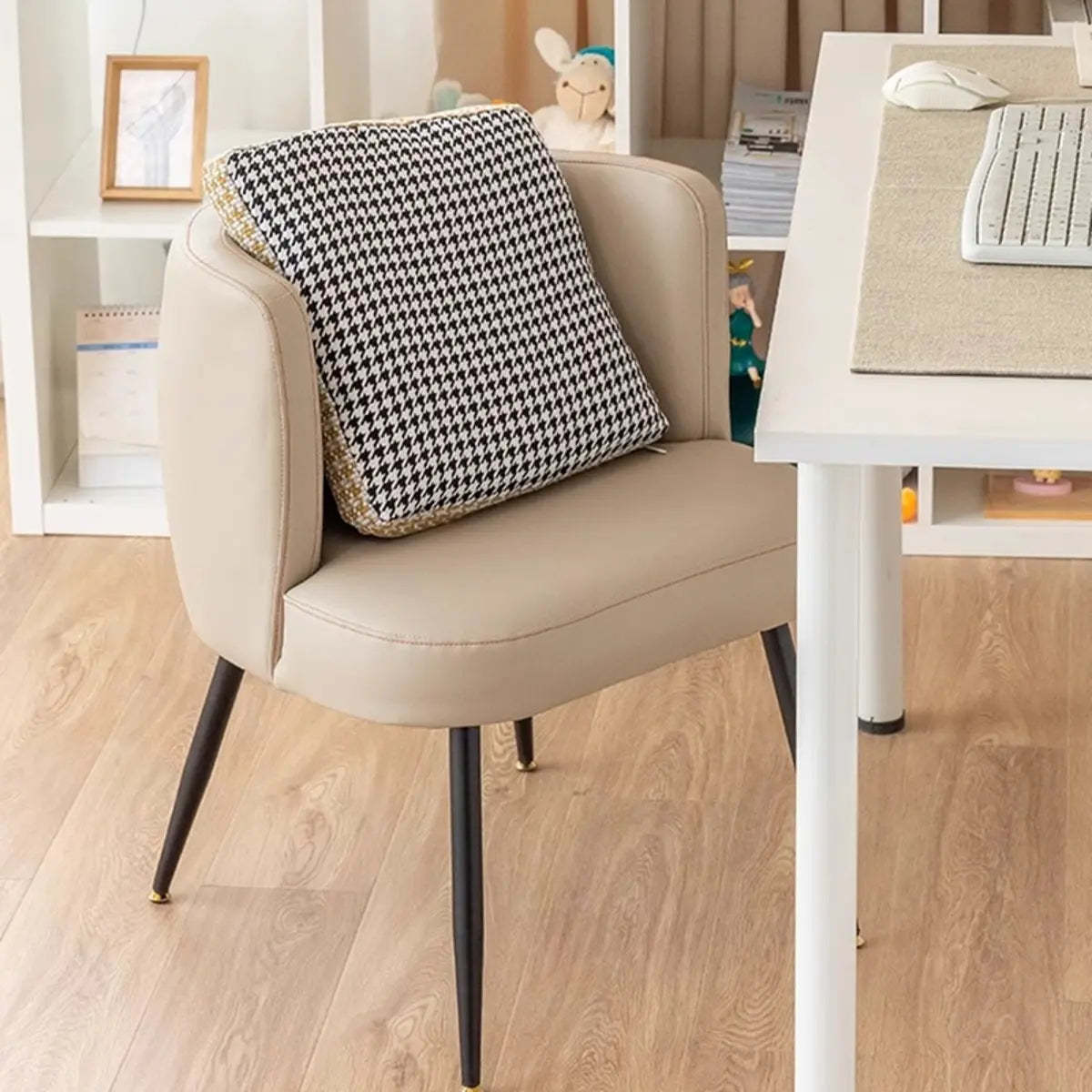 Beige Fixed-Back Wood Arm Chair with Pillow — Orange / Tech Cloth
