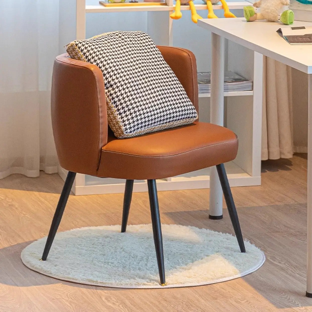 Beige Fixed-Back Wood Arm Chair with Pillow — Black / PU (Polyurethane)