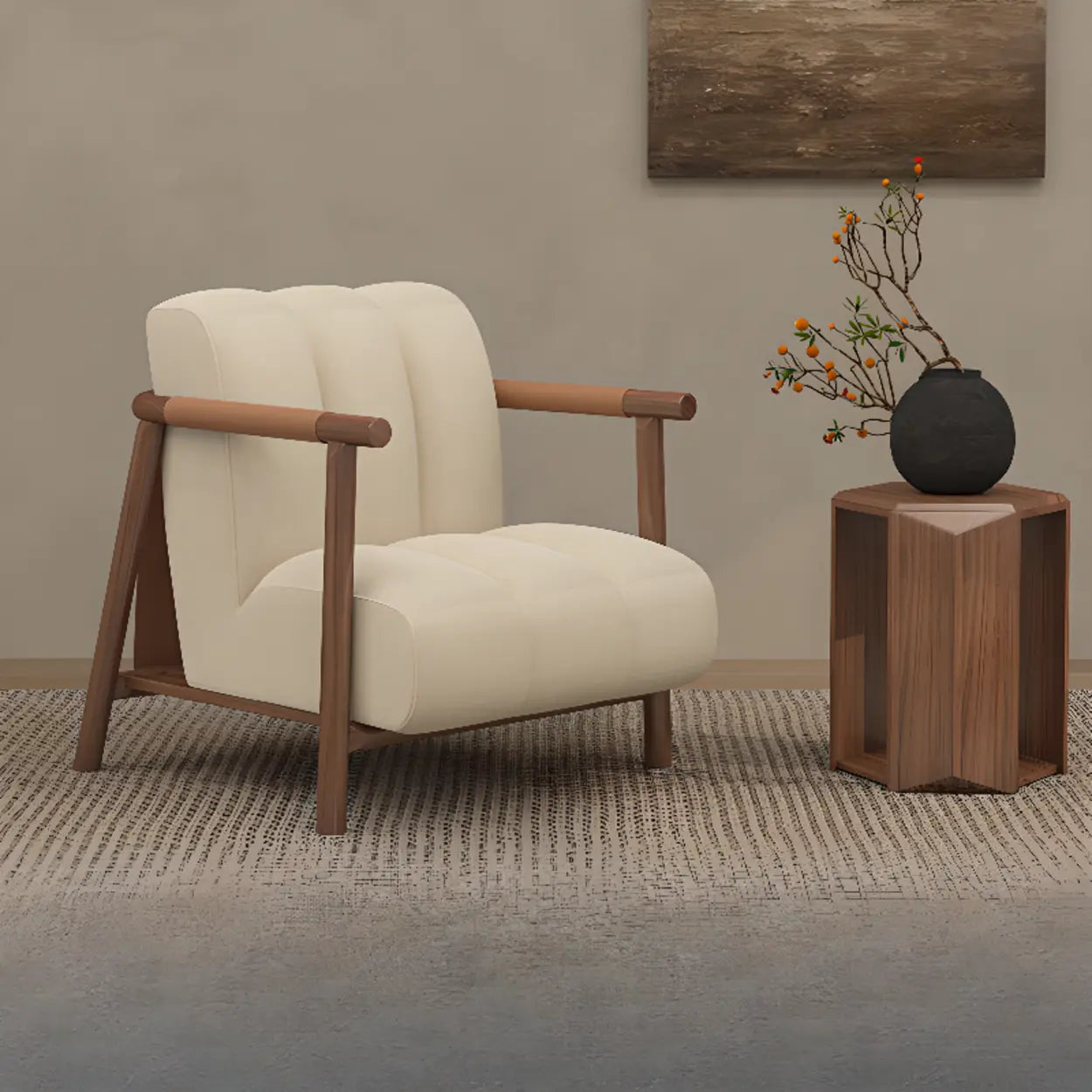 Beige Flannel Ash Wood Frame Accent Chair