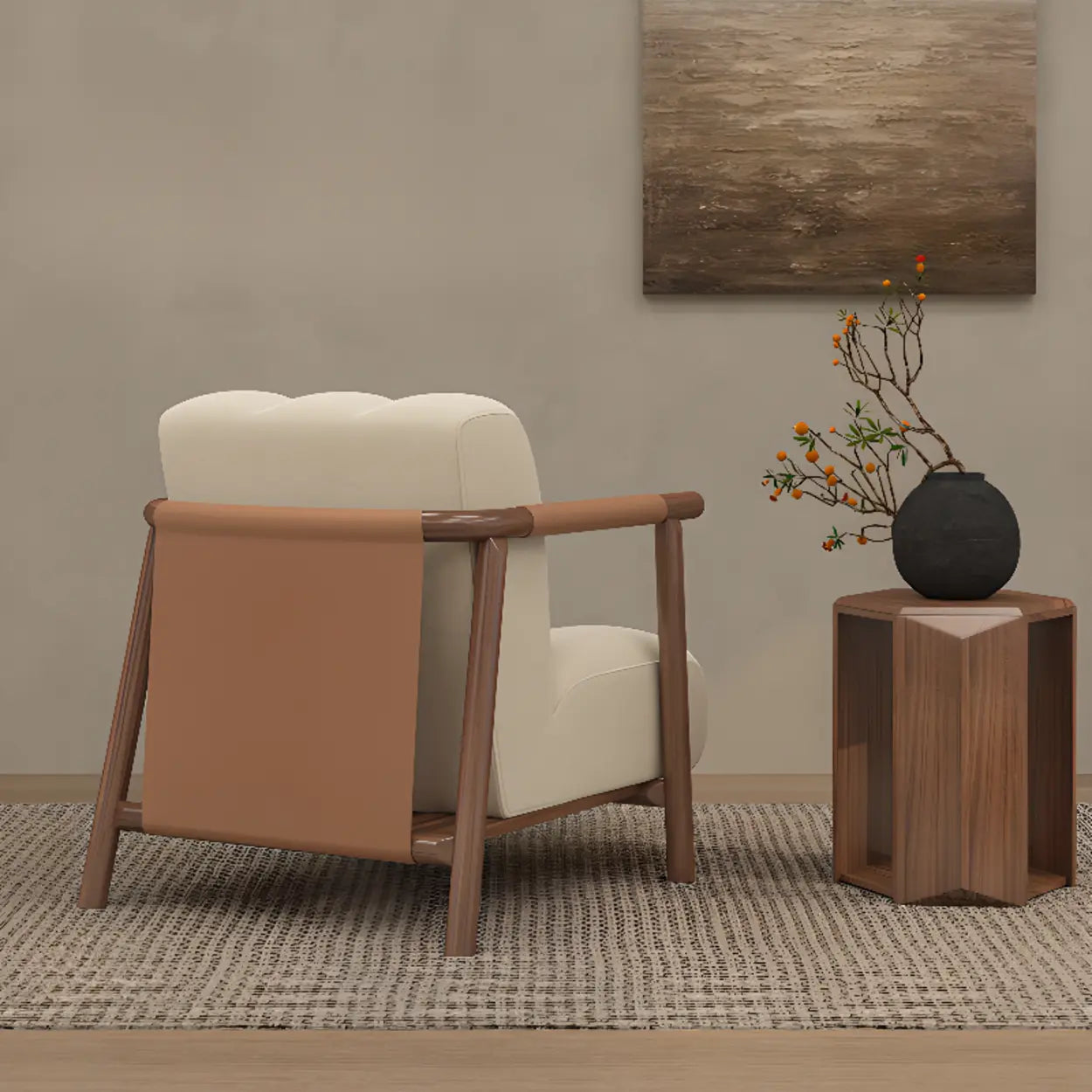 Beige Flannel Ash Wood Frame Accent Chair