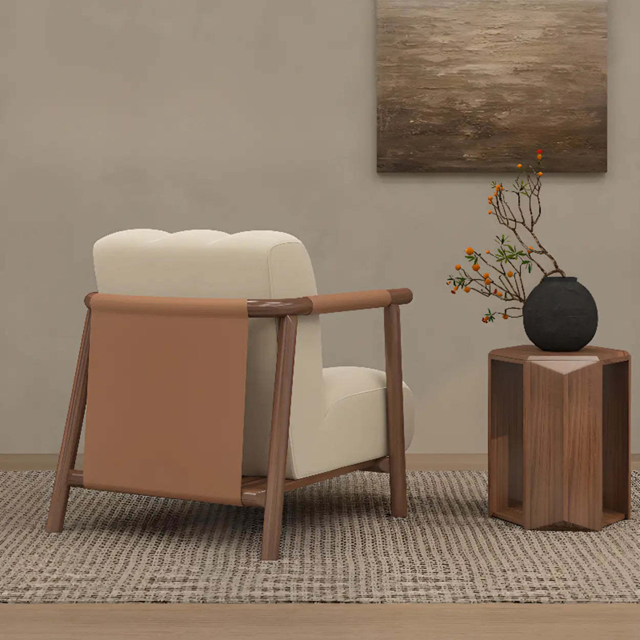 Beige Flannel Ash Wood Frame Accent Chair