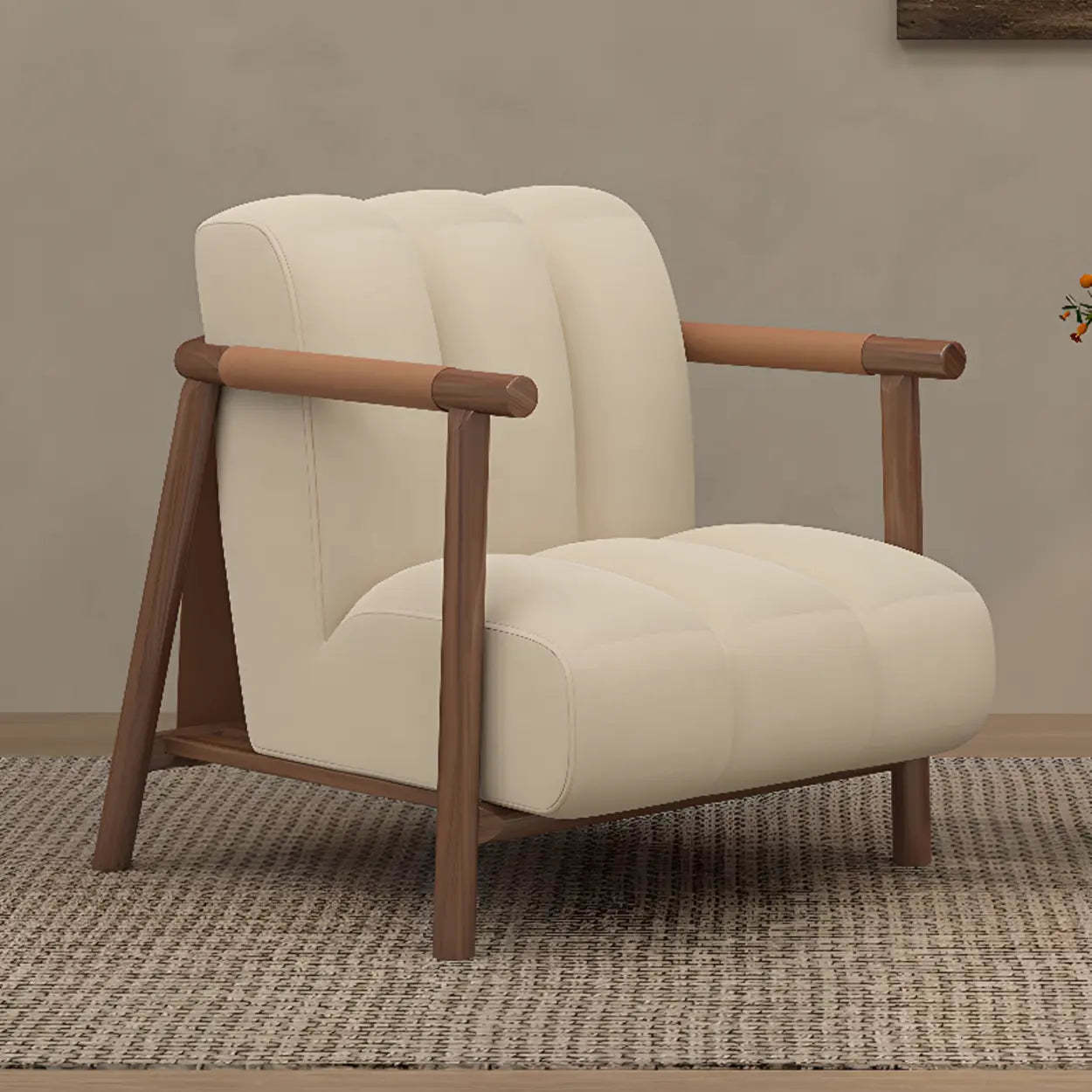 Beige Flannel Ash Wood Frame Accent Chair
