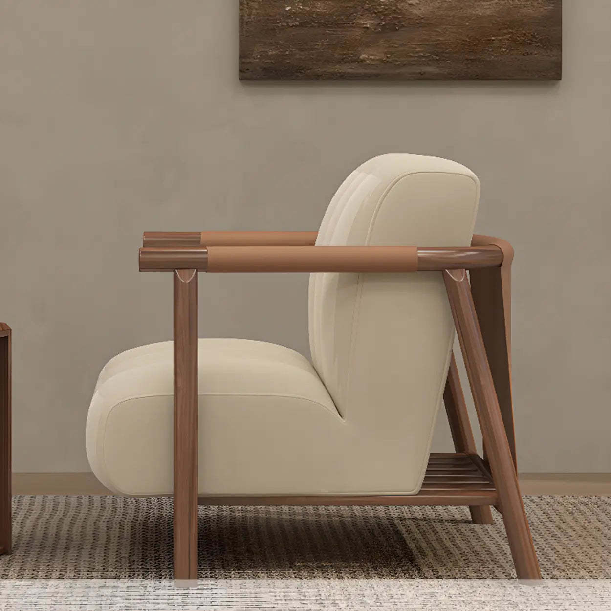 Beige Flannel Ash Wood Frame Accent Chair