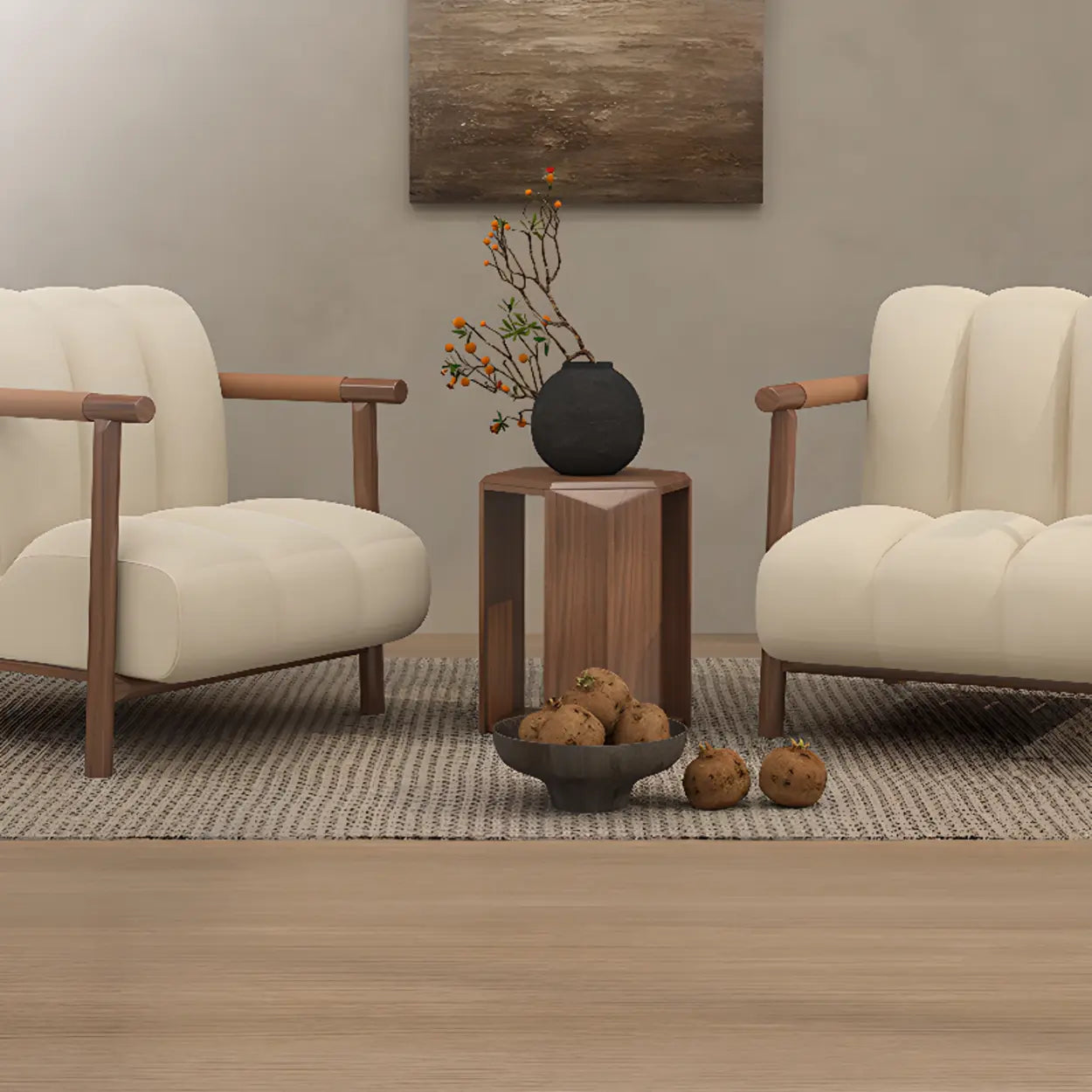 Beige Flannel Ash Wood Frame Accent Chair
