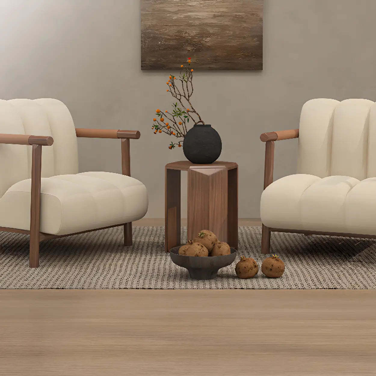 Beige Flannel Ash Wood Frame Accent Chair