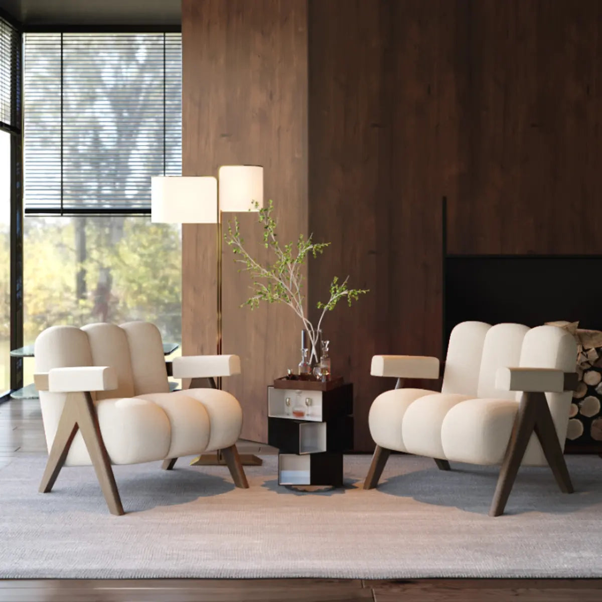 Beige Flannel Wood Four Leg Arm Chair