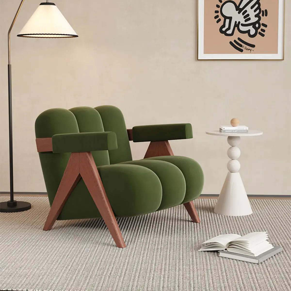 Beige Flannel Wood Four Leg Arm Chair — Green / Flannel