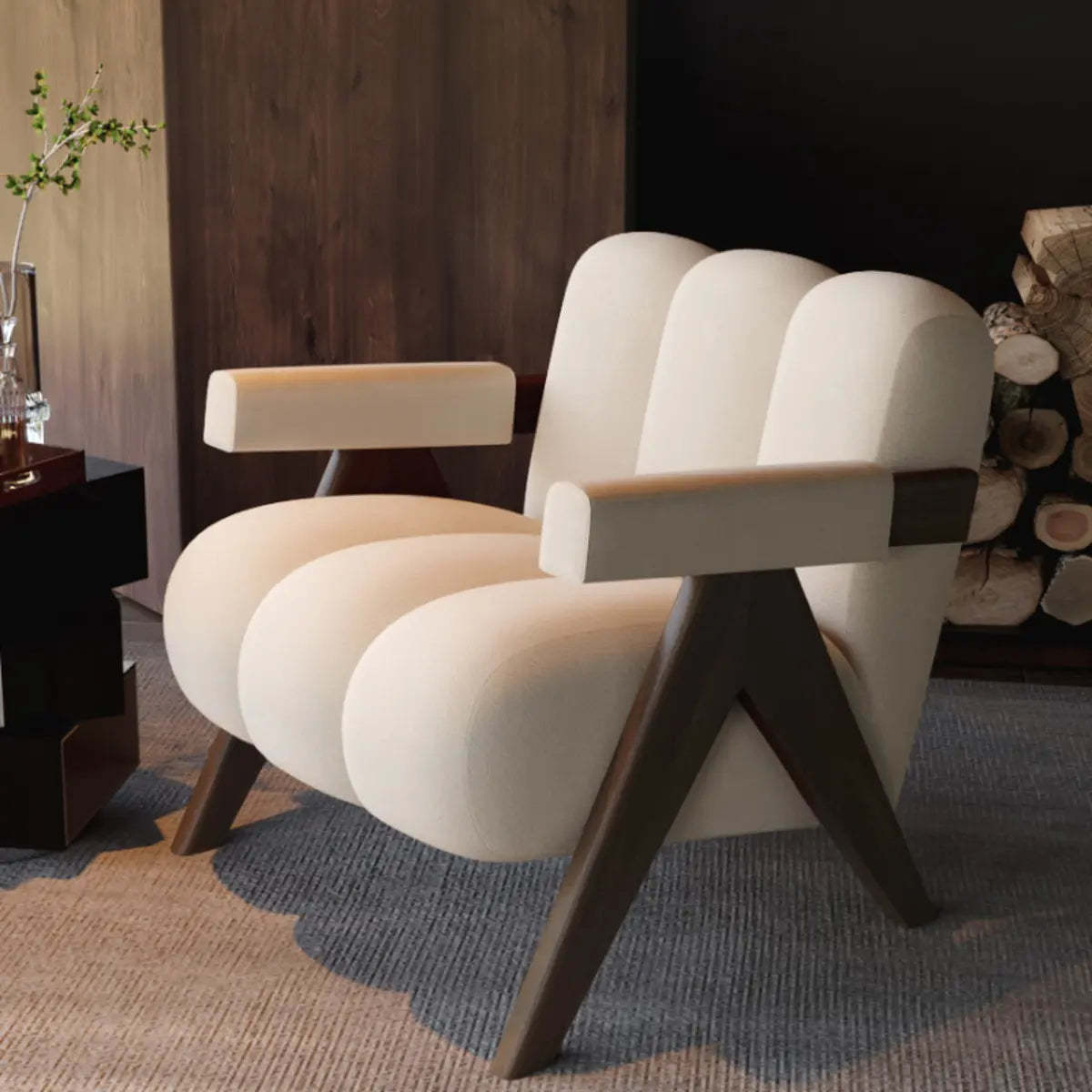 Beige Flannel Wood Four Leg Arm Chair — Orange / Flannel