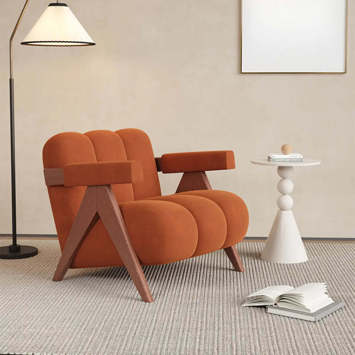 Beige Flannel Wood Four Leg Arm Chair — White / Sherpa