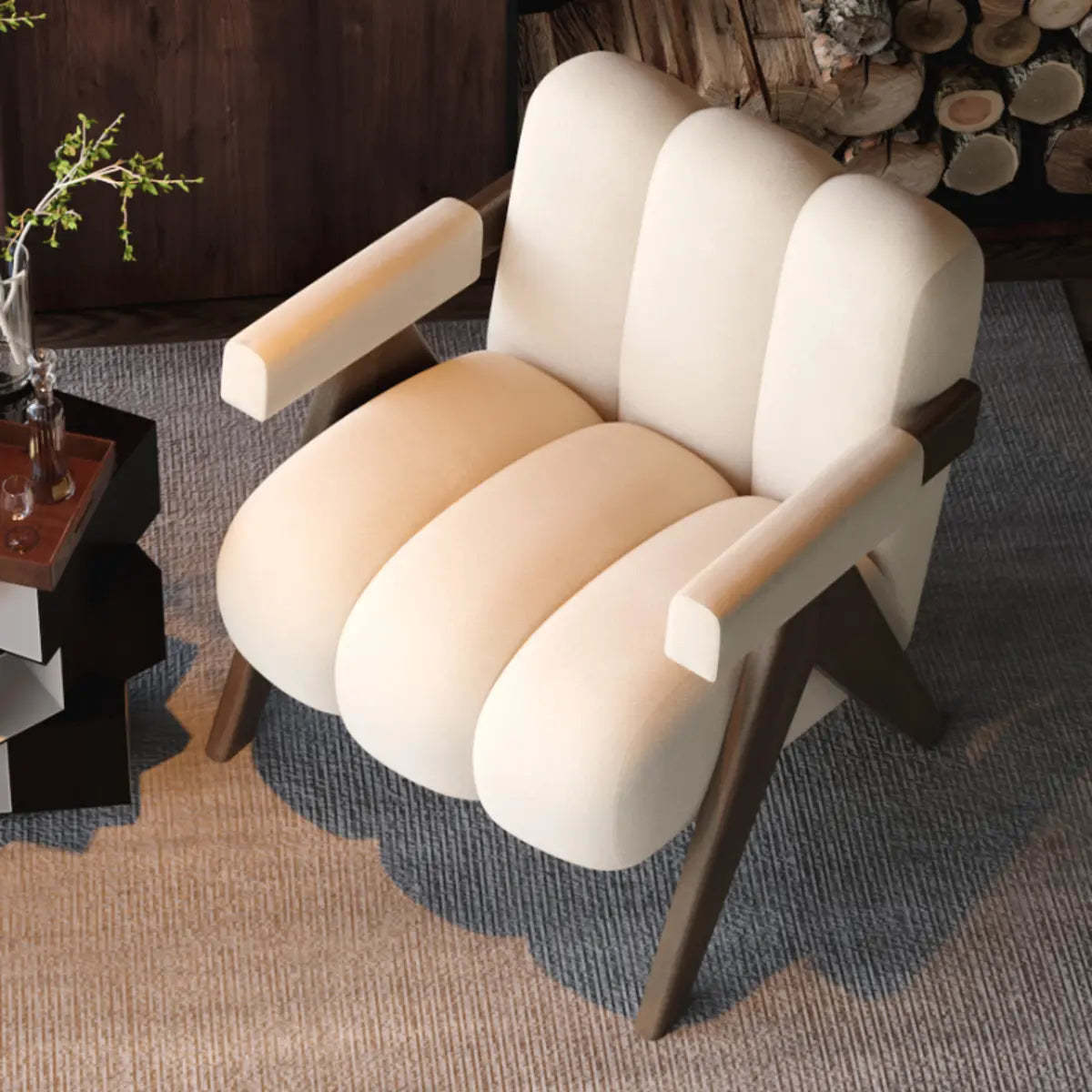 Beige Flannel Wood Four Leg Arm Chair