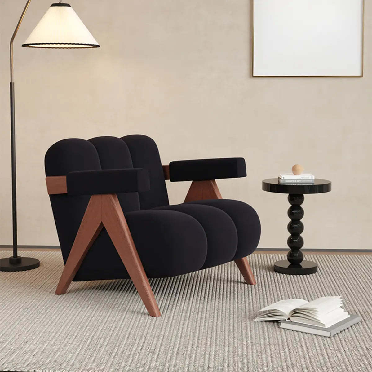 Beige Flannel Wood Four Leg Arm Chair