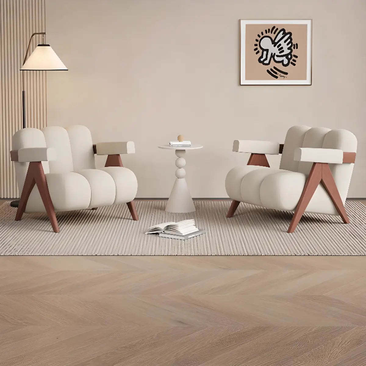Beige Flannel Wood Four Leg Arm Chair