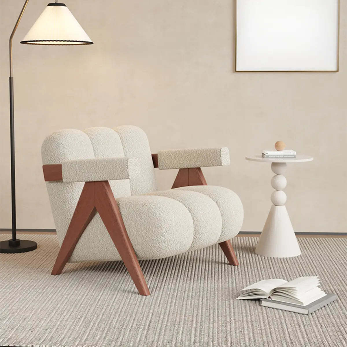 Beige Flannel Wood Four Leg Arm Chair