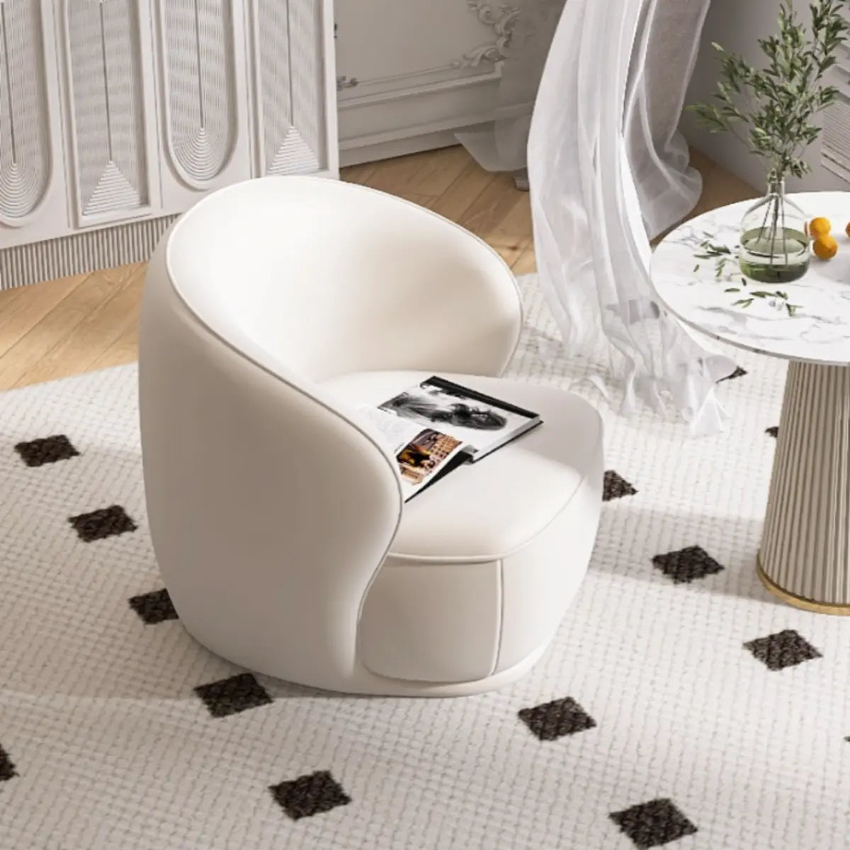 Beige Frosted Velvet Wood Frame Accent Chair