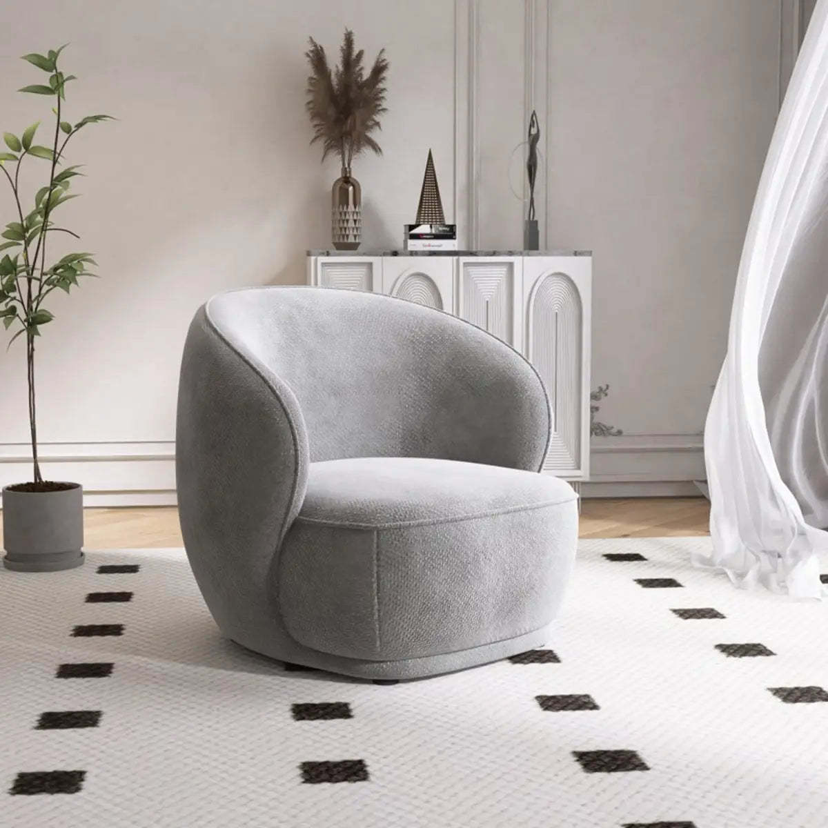 Beige Frosted Velvet Wood Frame Accent Chair — Grey / Microfiber Leather