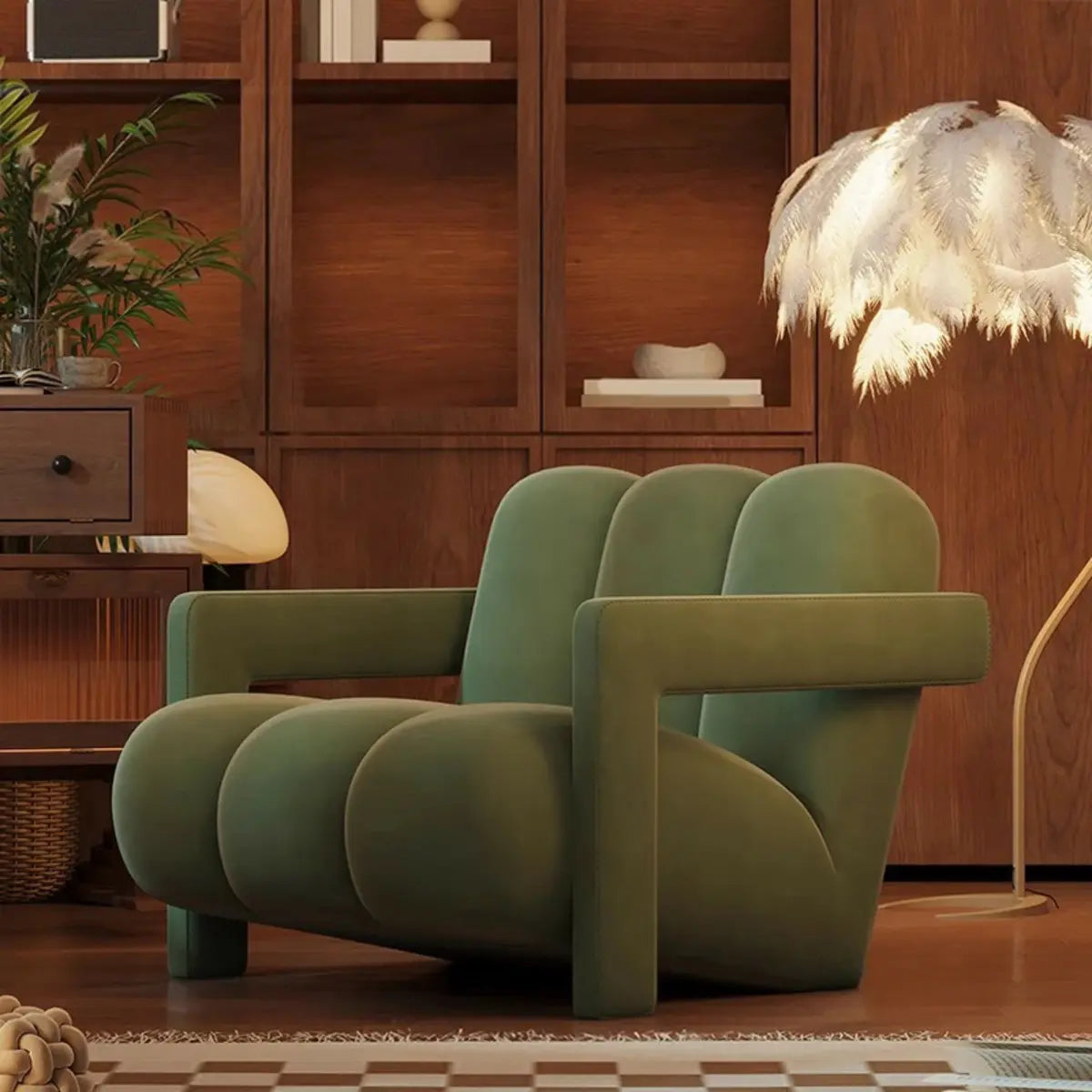 Beige-Khaki Scratch Resistant Flannel Lounge Chair — Beige/ Green / Flannel