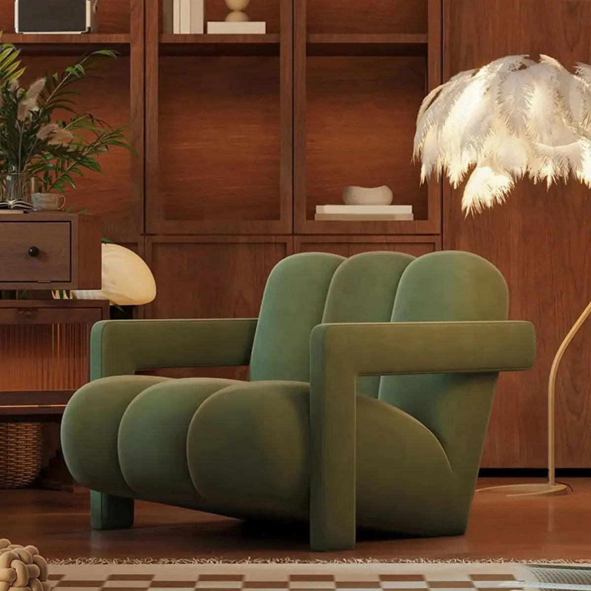 Beige-Khaki Scratch Resistant Flannel Lounge Chair — Beige/ Green / Flannel