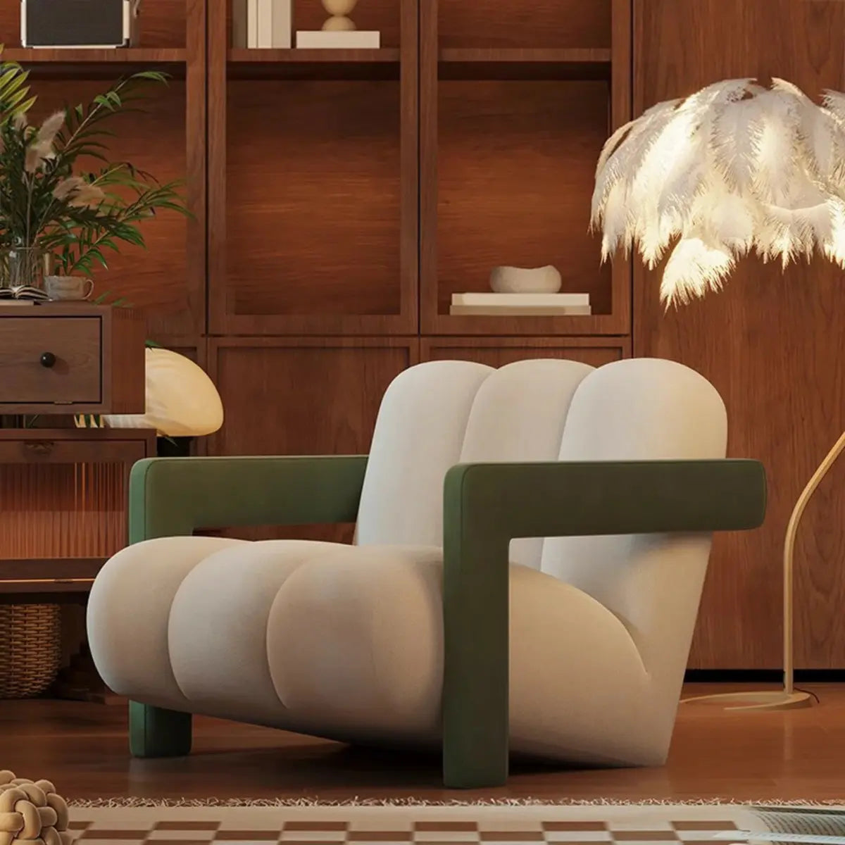 Beige-Khaki Scratch Resistant Flannel Lounge Chair — Green / Flannel