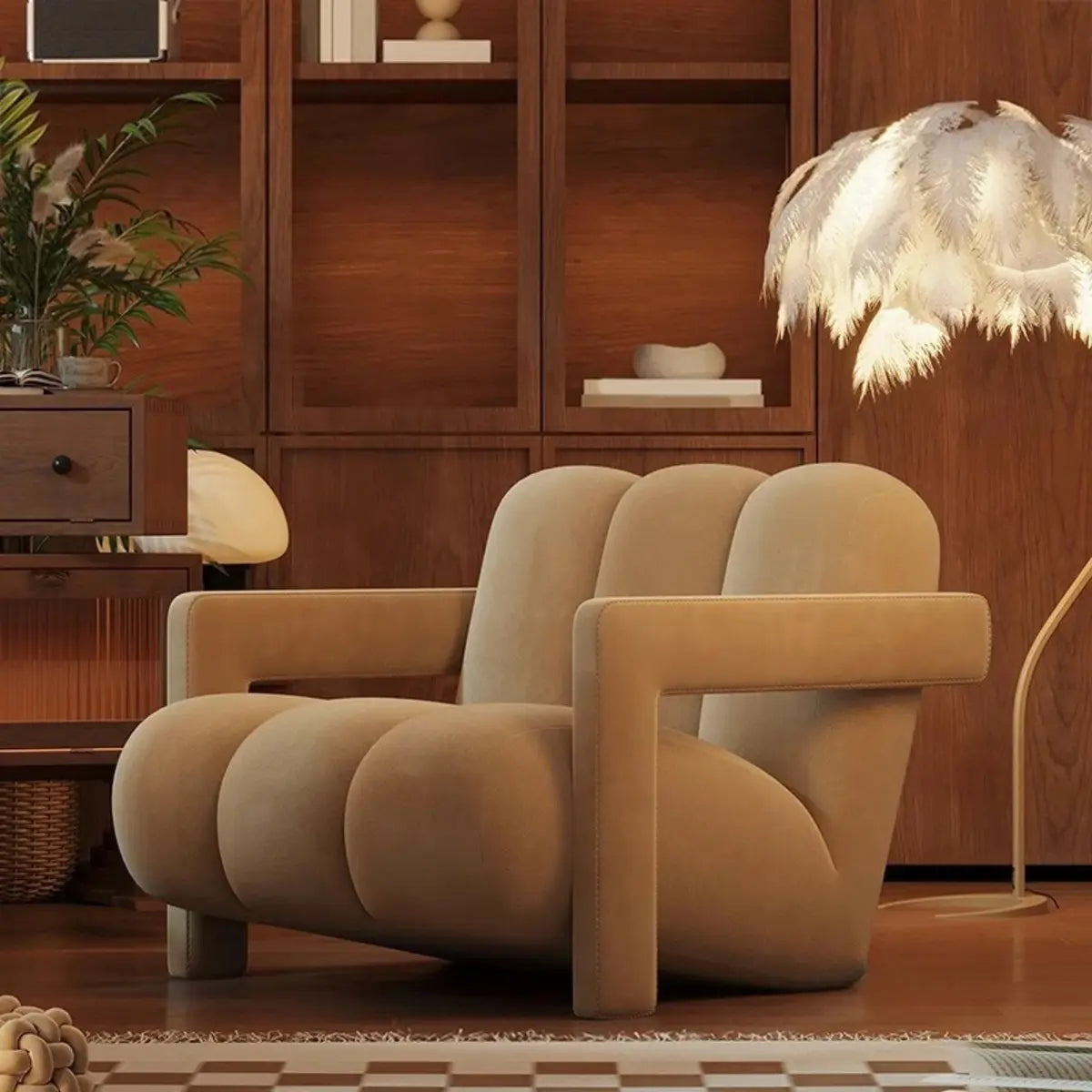 Beige-Khaki Scratch Resistant Flannel Lounge Chair — Green/ Khaki / Flannel