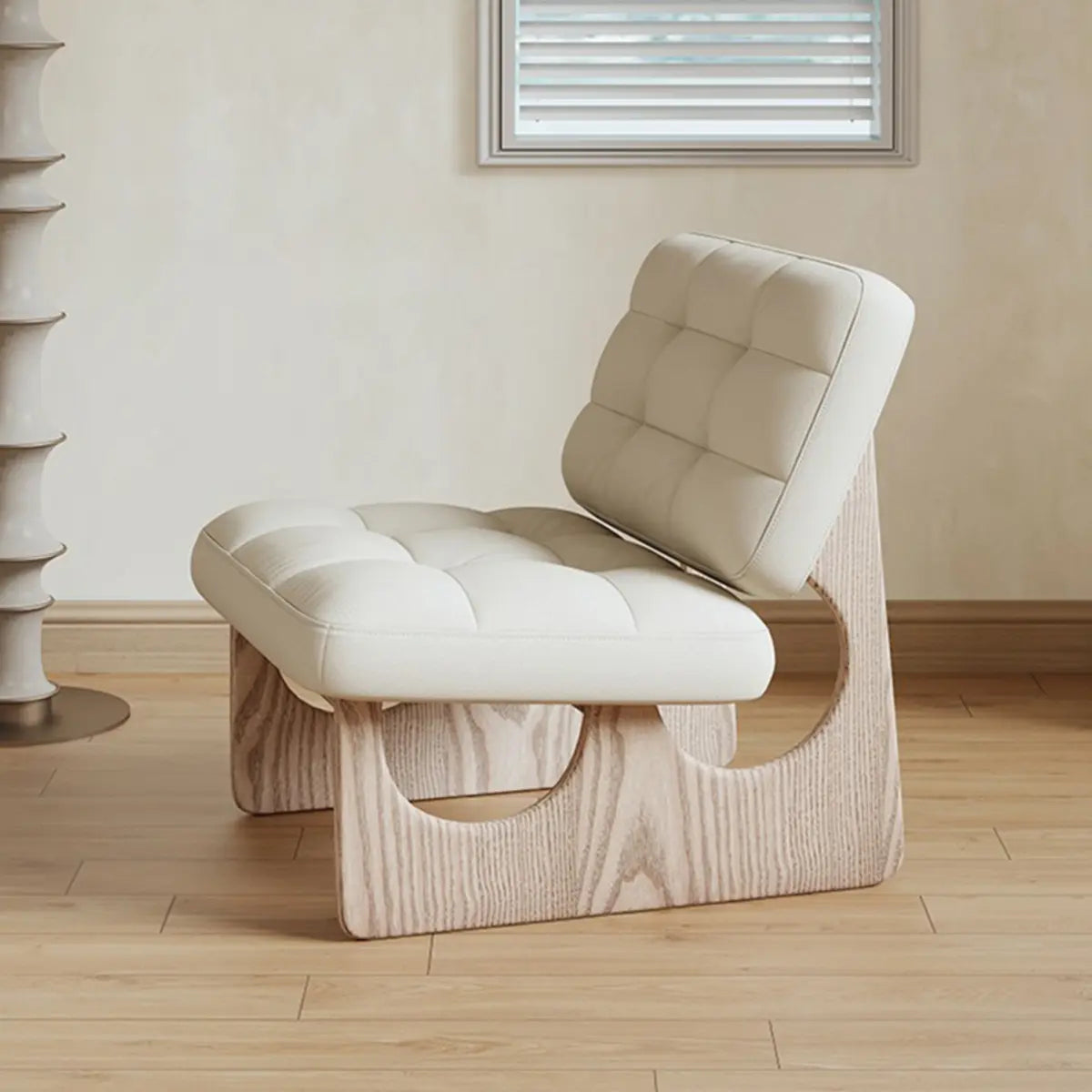 Beige Leather Biscuit-Back Light Wood Sled Side Chair — Black / Leather