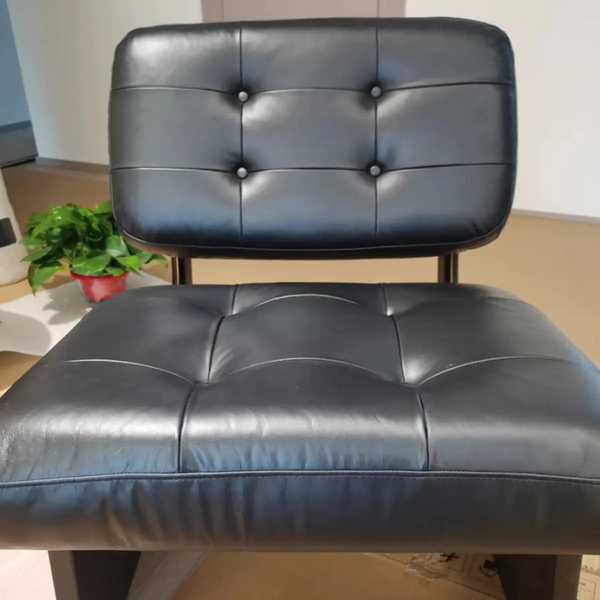 Beige Leather Biscuit-Back Light Wood Sled Side Chair