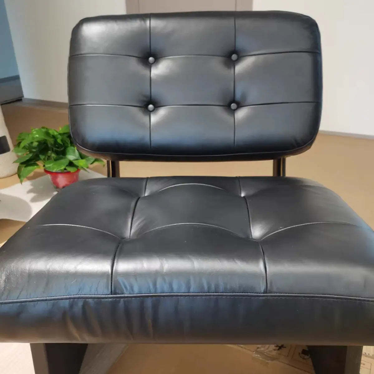 Beige Leather Biscuit-Back Light Wood Sled Side Chair