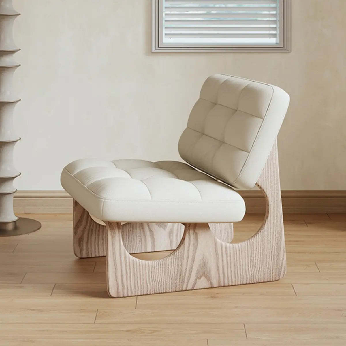 Beige Leather Biscuit-Back Light Wood Sled Side Chair — Black / Leather