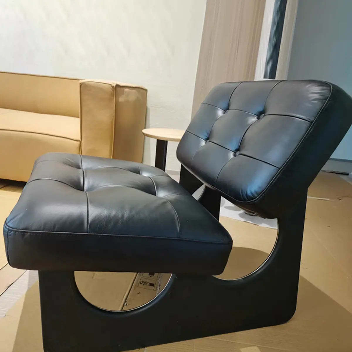 Wood leather biscuit-back sled accent chairs — Genuine Leather / Black