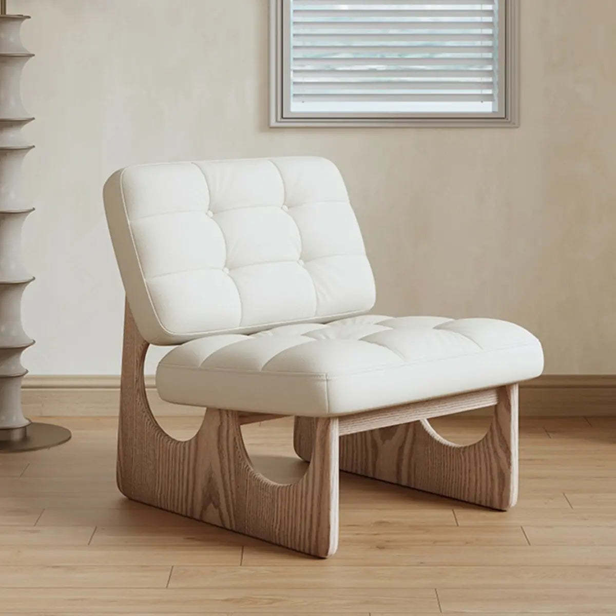 Beige Leather Biscuit-Back Light Wood Sled Side Chair — Brown / Leather