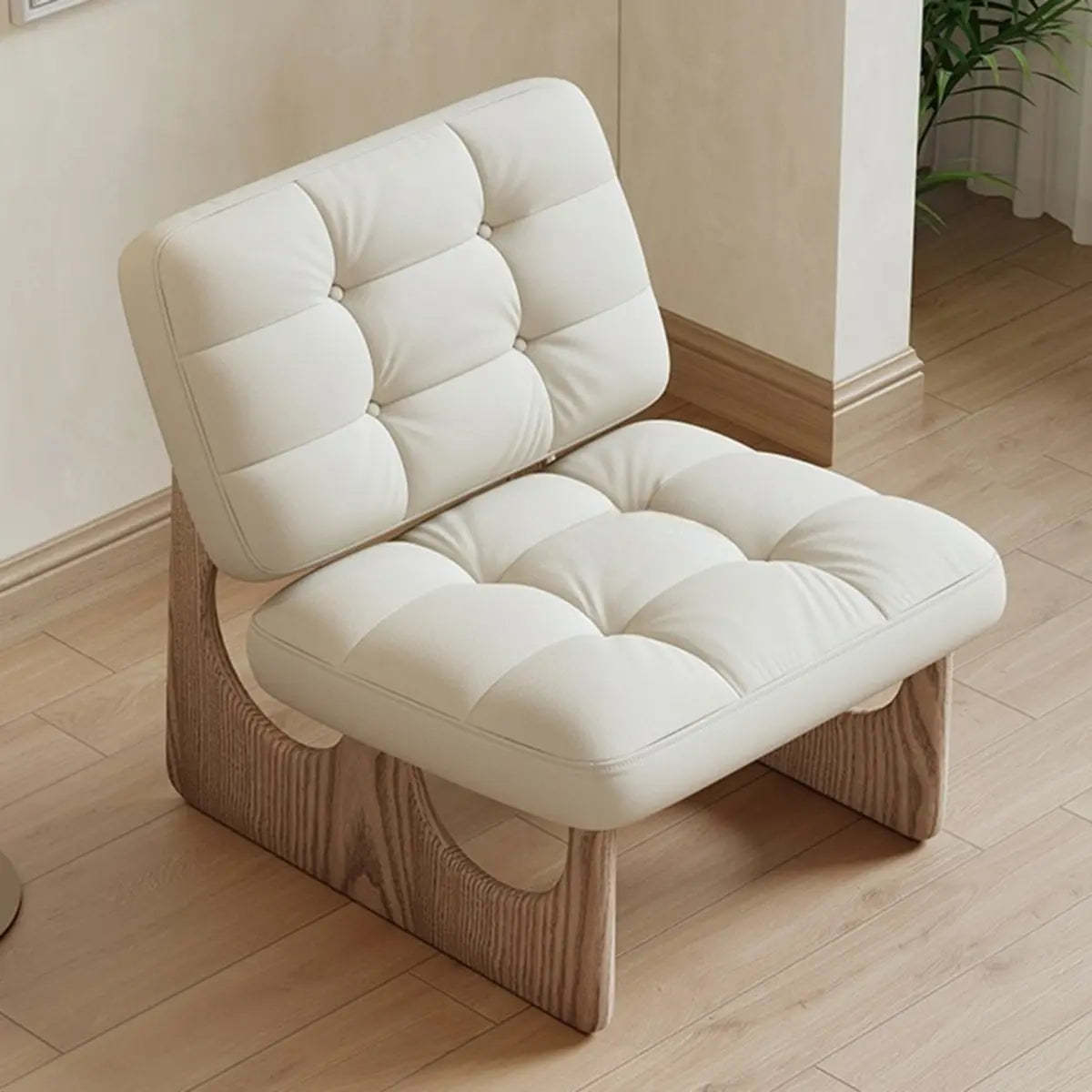 Beige Leather Biscuit-Back Light Wood Sled Side Chair — Black/ Natural / Leather