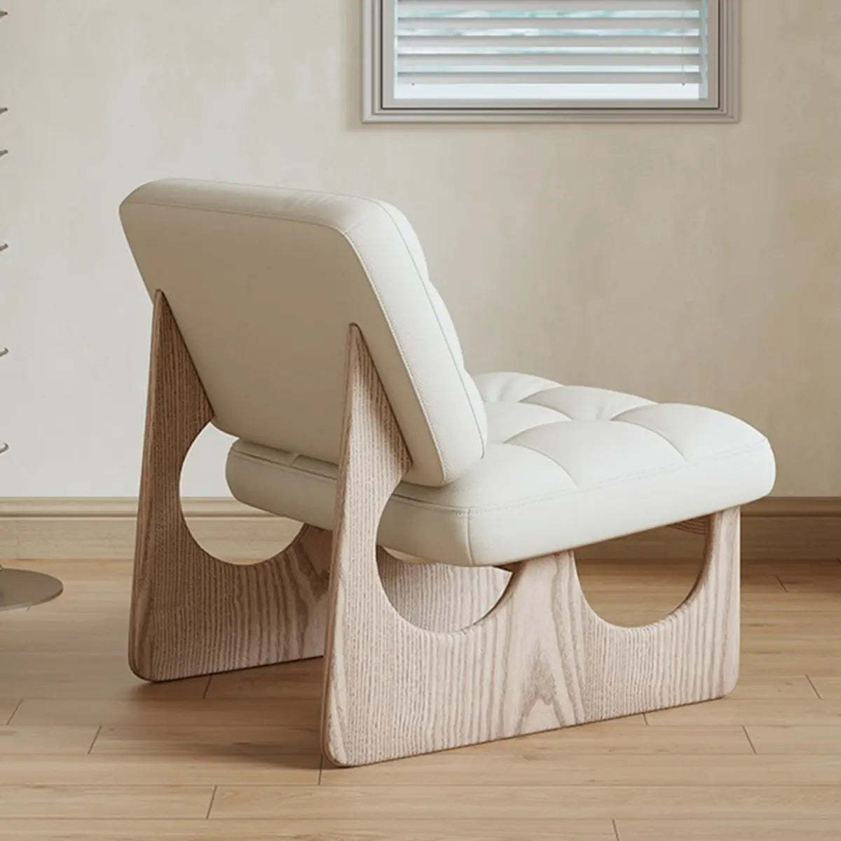 Beige Leather Biscuit-Back Light Wood Sled Side Chair — Beige/ Wood / Leather