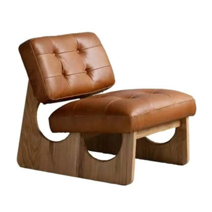 Beige Leather Biscuit-Back Light Wood Sled Side Chair — Grey / Flannel