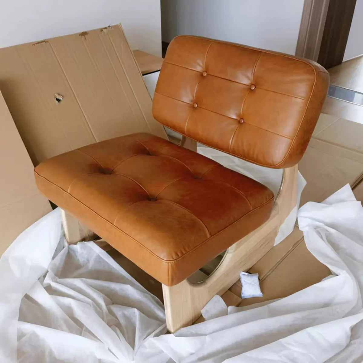 Beige Leather Biscuit-Back Light Wood Sled Side Chair