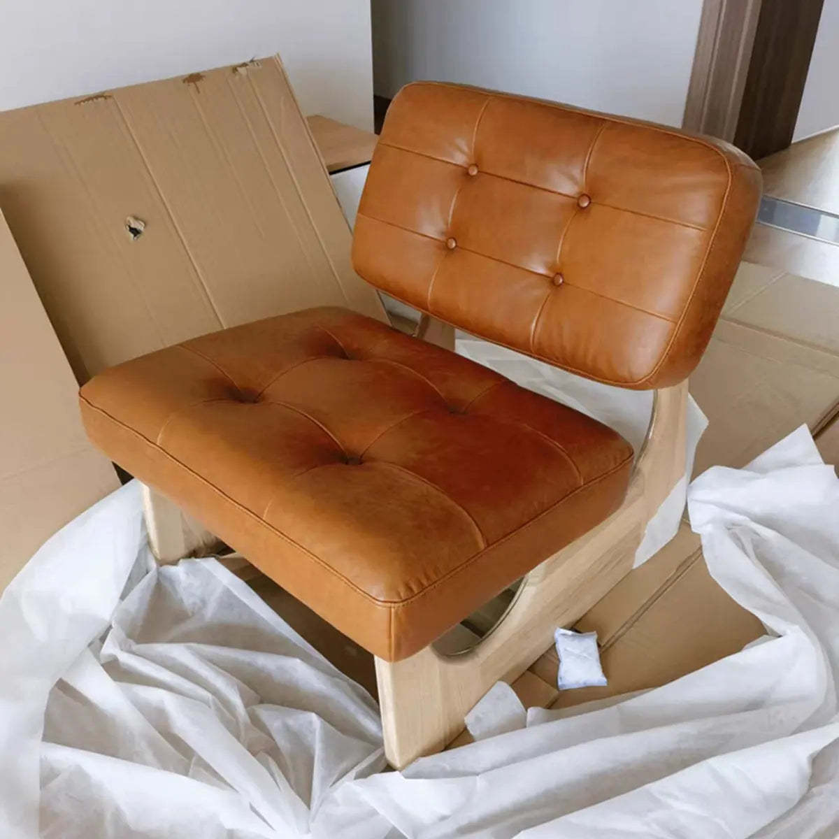 Beige Leather Biscuit-Back Light Wood Sled Side Chair
