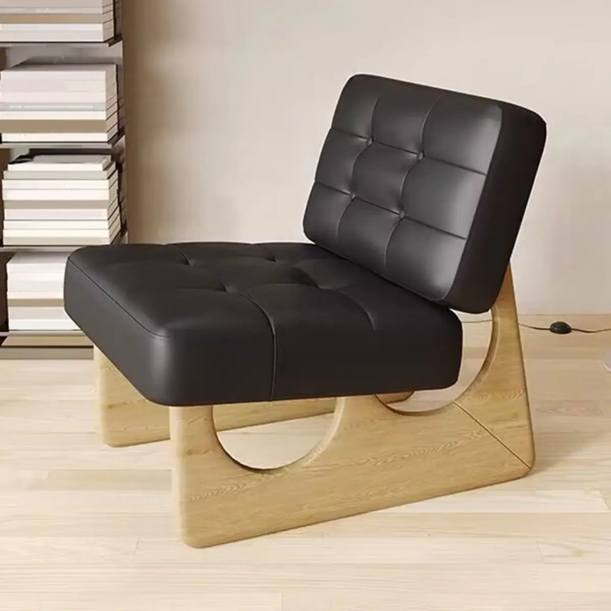 Beige Leather Biscuit-Back Light Wood Sled Side Chair