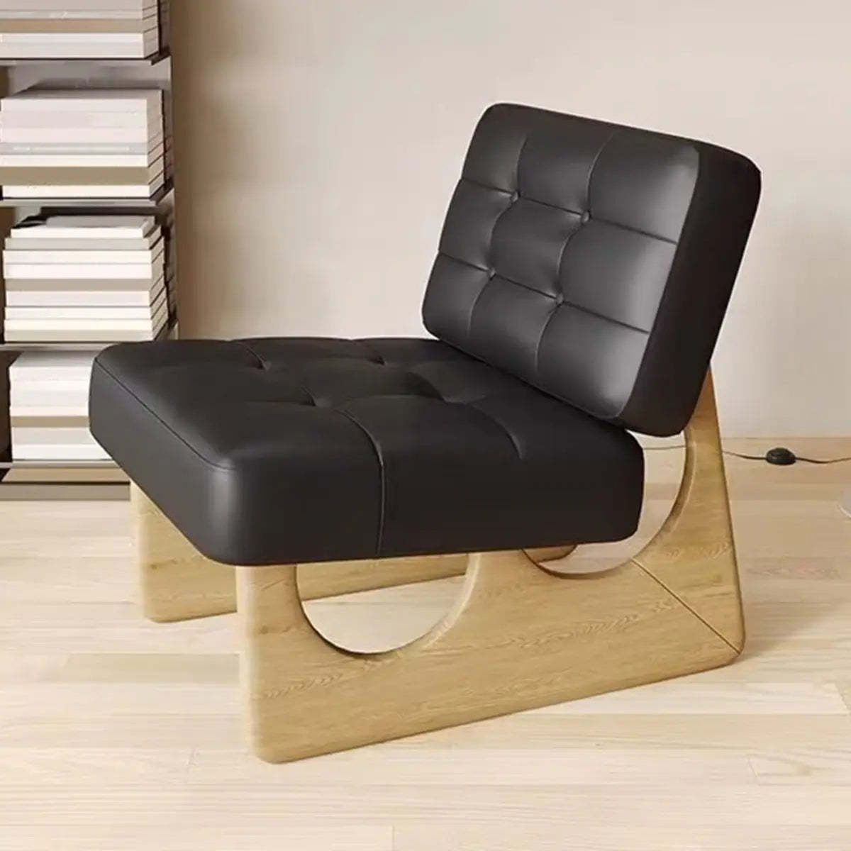Lighom leather sled biscuit-back wood accent chairs