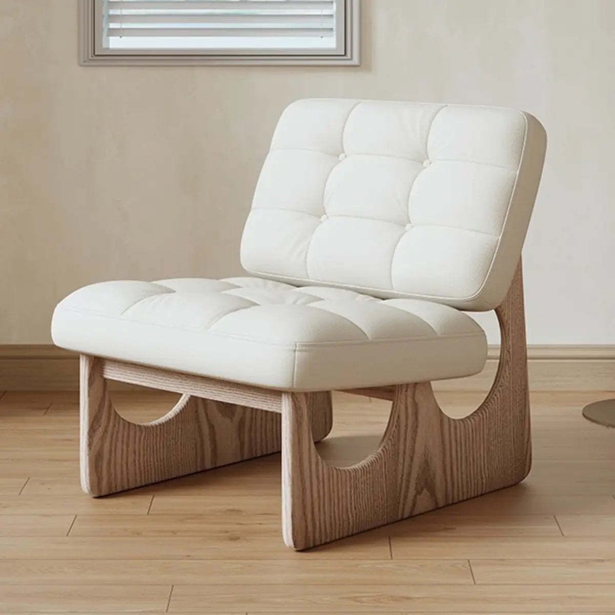 Beige Leather Biscuit-Back Light Wood Sled Side Chair