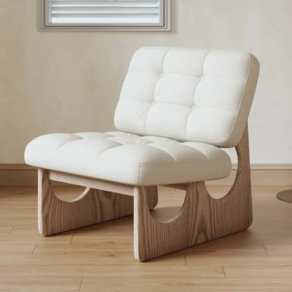 Beige Leather Biscuit-Back Light Wood Sled Side Chair