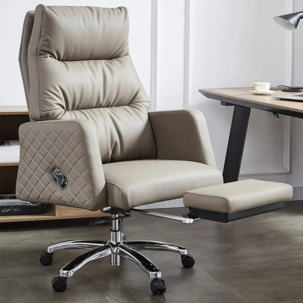 Beige Leather Reclining Executive Office Chair with Ottoman