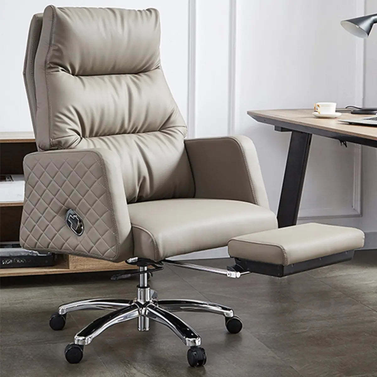 Beige Leather Reclining Executive Office Chair with Ottoman — Black