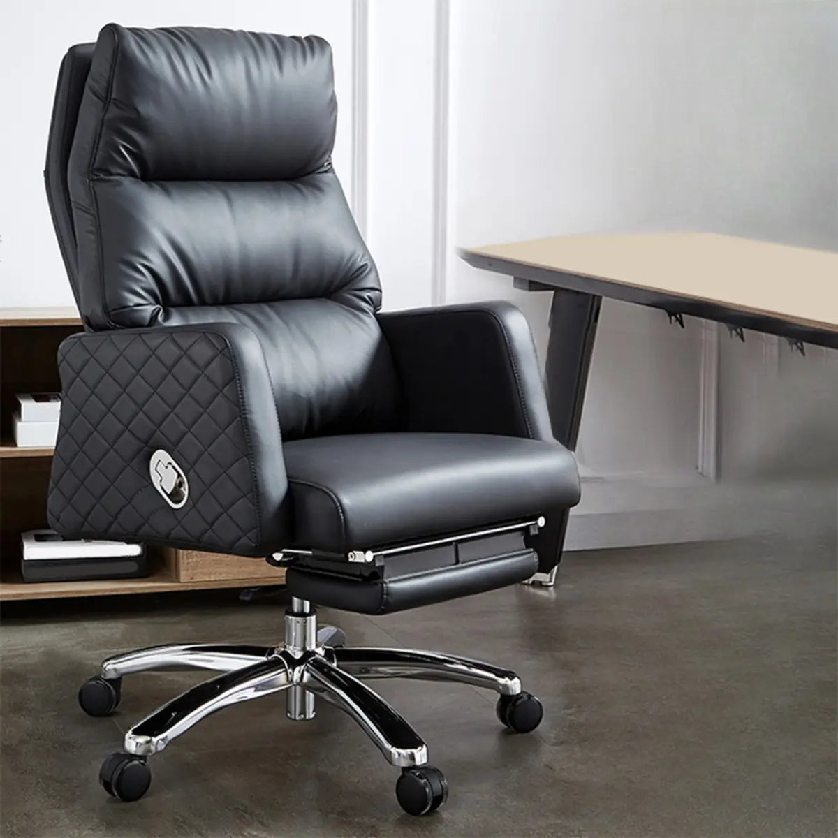 Beige Leather Reclining Executive Office Chair with Ottoman — Grey