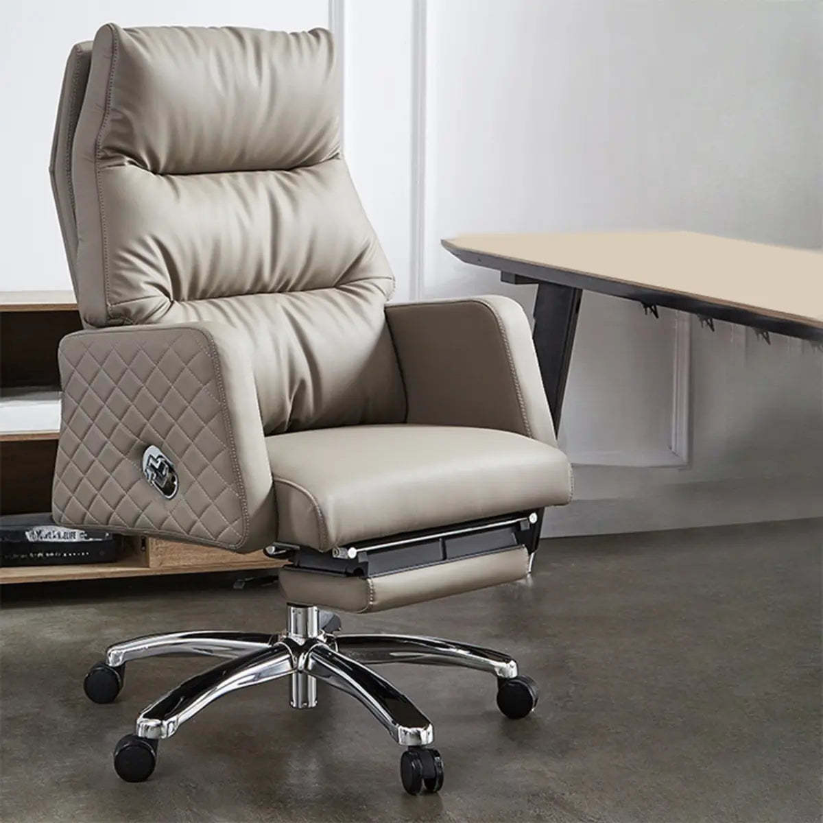 Beige Leather Reclining Executive Office Chair with Ottoman