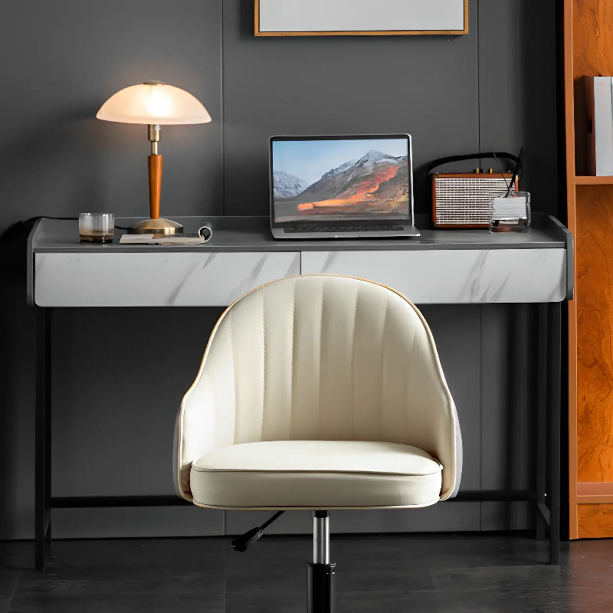 Beige Curved Leather Low-Back Swivel Office Chair