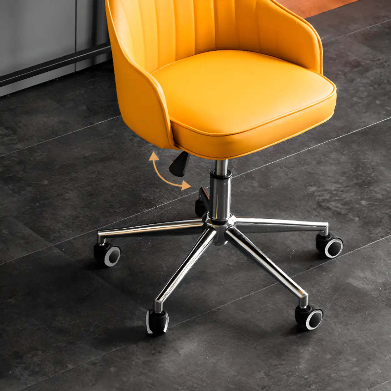 Beige Curved Leather Low-Back Swivel Office Chair — Blue / Casters Included / Silver