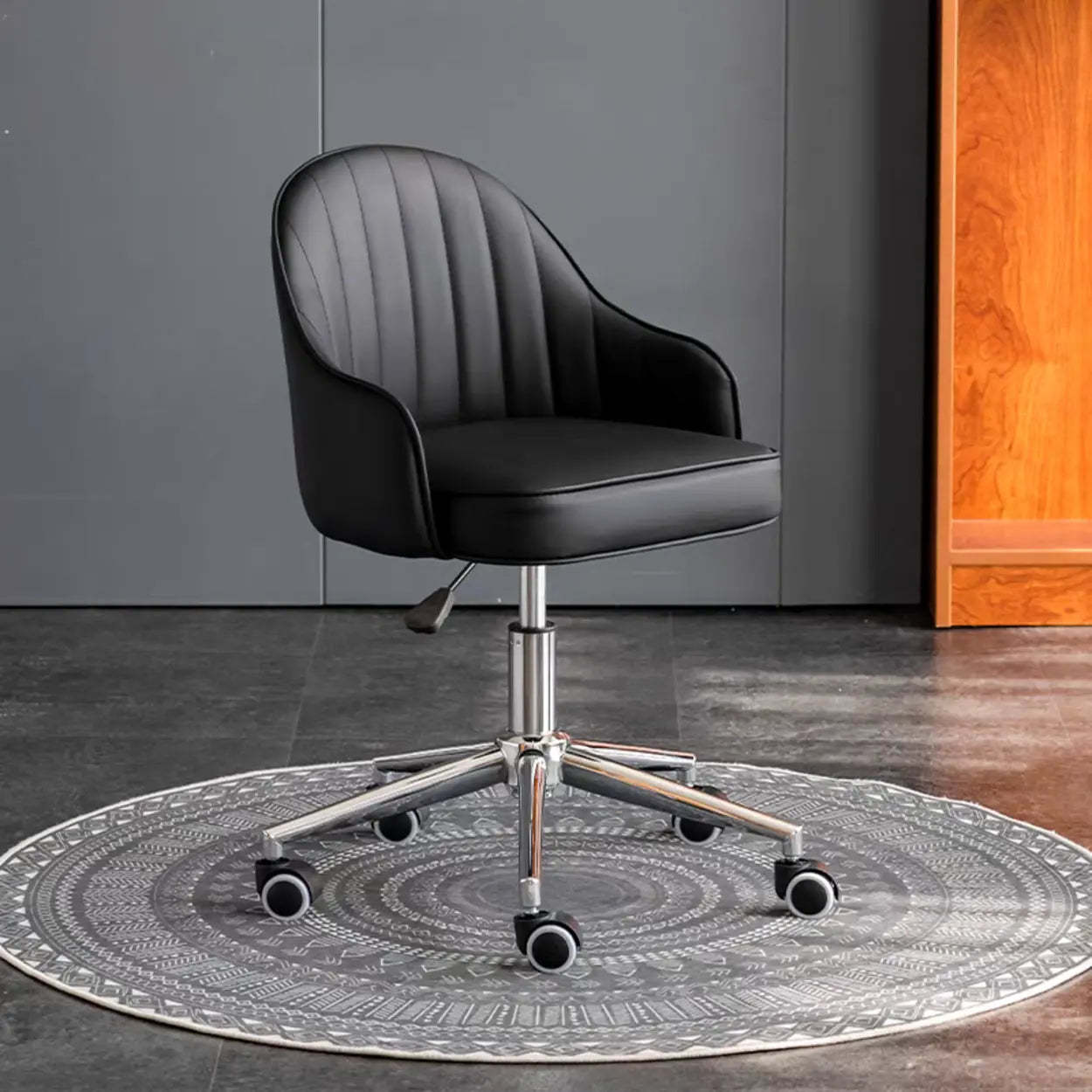 Beige Curved Leather Low-Back Swivel Office Chair