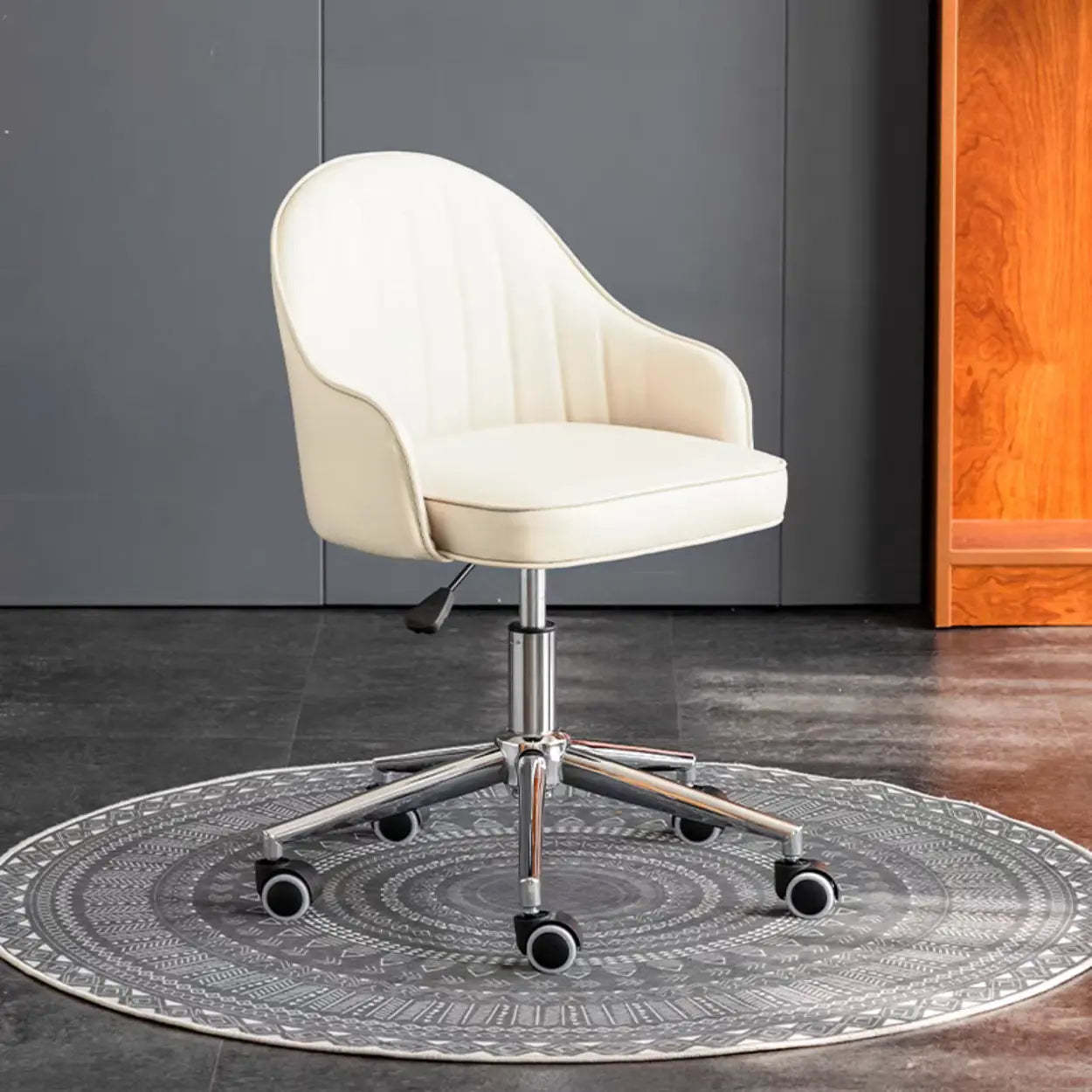 Beige Curved Leather Low-Back Swivel Office Chair